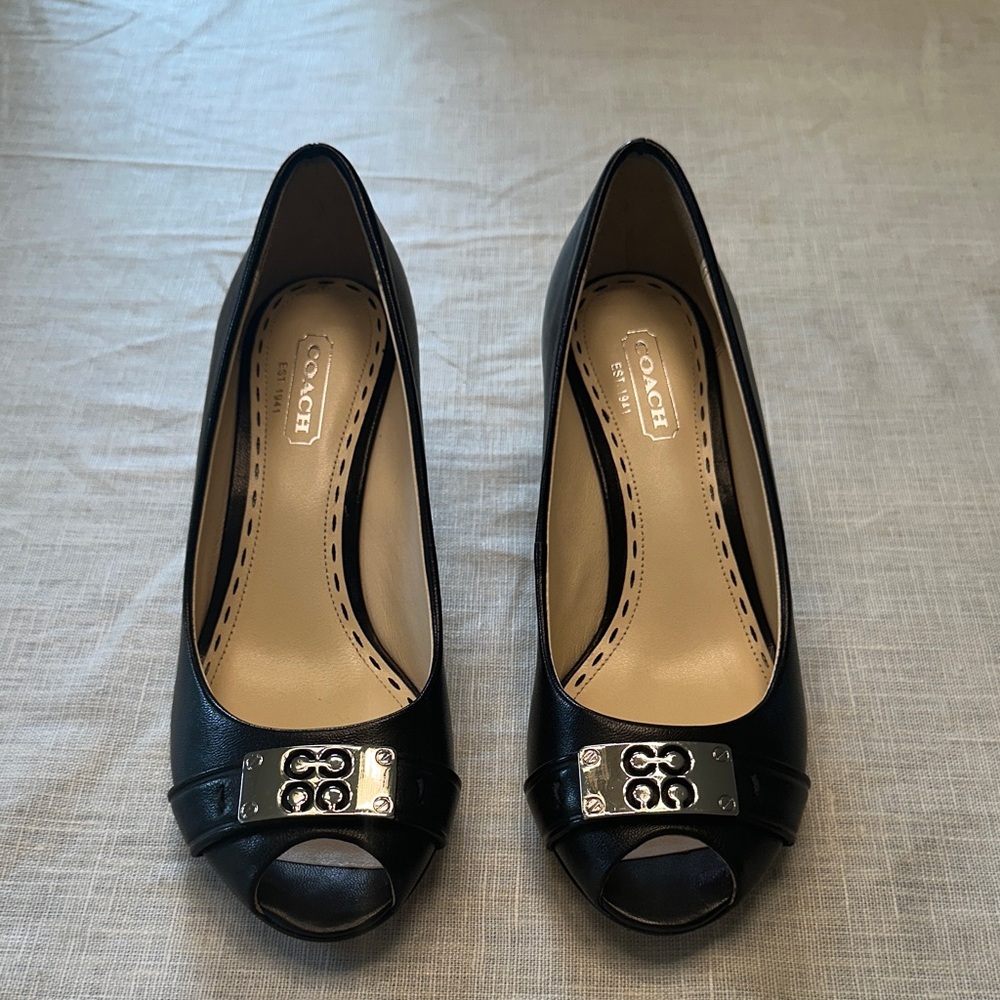 Coach Black Peep Toe Heels with Silver Accent